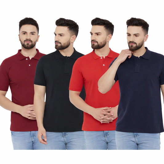 Cotton Blend Solid Half Sleeves Mens Polo Neck T-Shirt (Pack of 4)